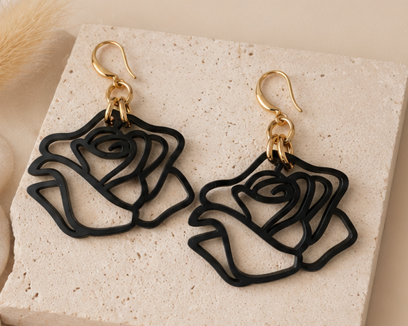 Boucles d'oreilles Rose Graphique - Noir Élégance
