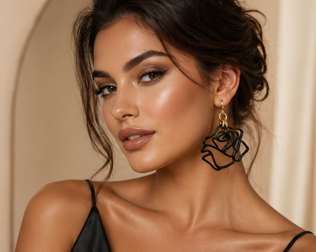 Boucles d'oreilles Rose Graphique - Noir Élégance