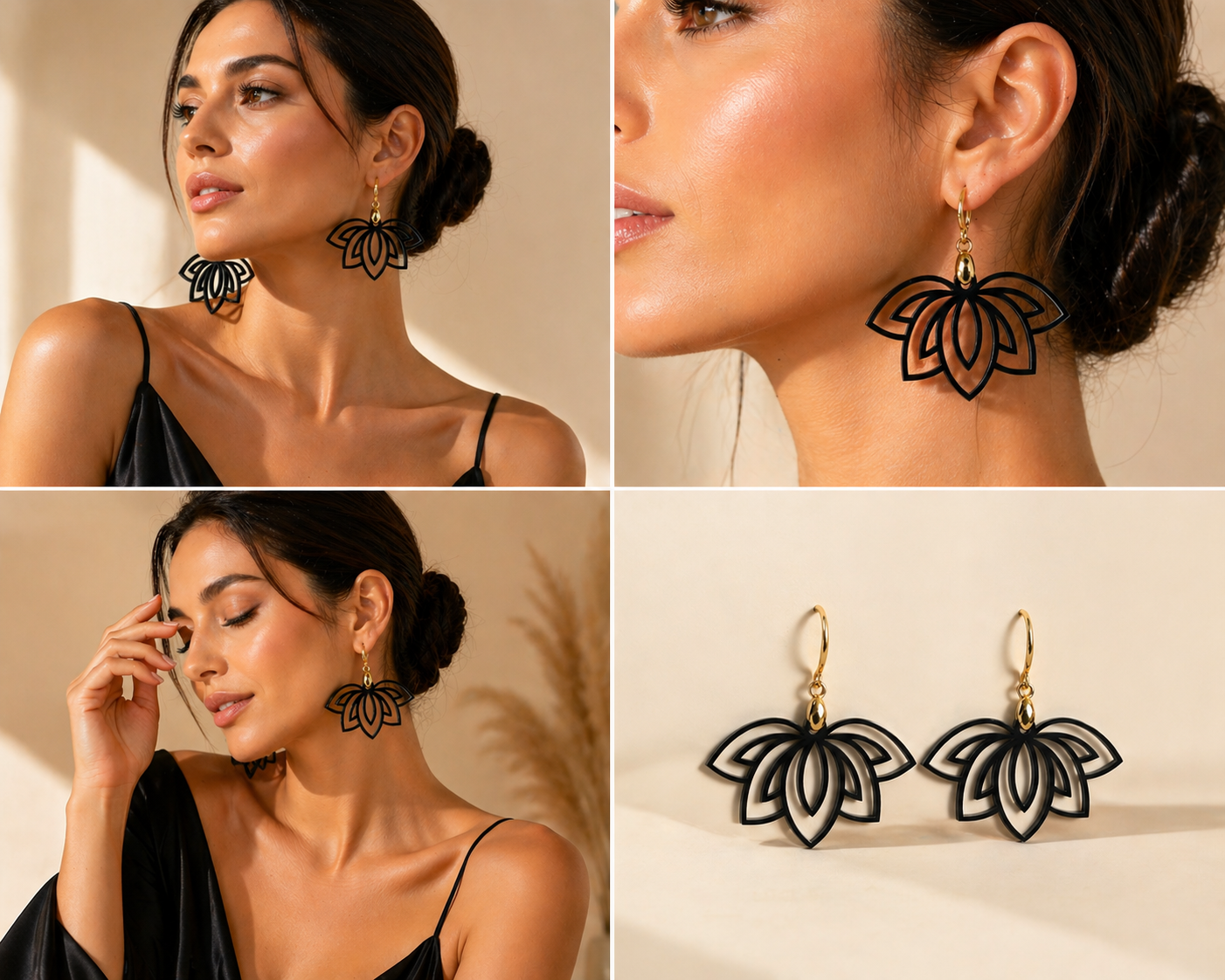 Boucles d'oreilles Lotus - Noir Élégance